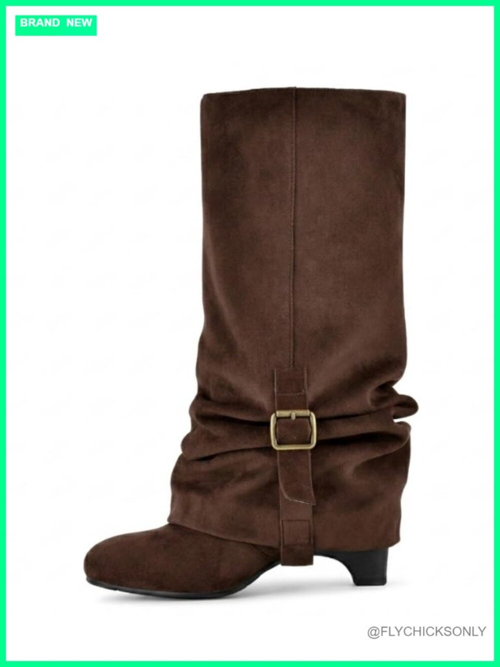 LISHAN Faux Suede Slouchy Knee High Boots Fold Down Buckle Low Heel